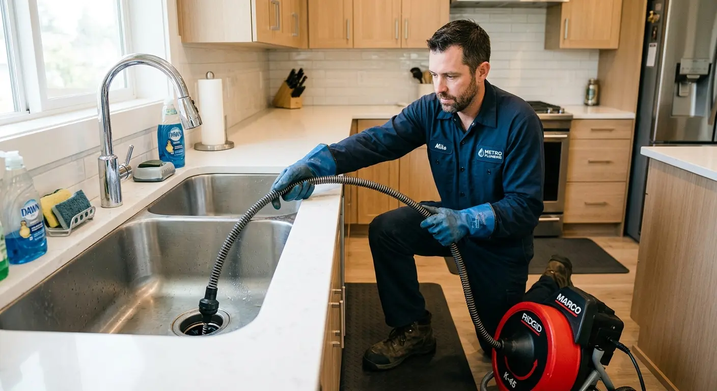 Drain cleaning technician using a motorized snake on a kitchen sink in Spotswood