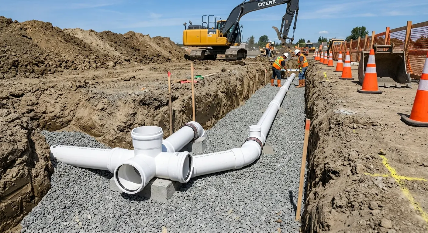 New PVC sewer pipe installation in open trench for Grease Trap Cleaning in Spotswood