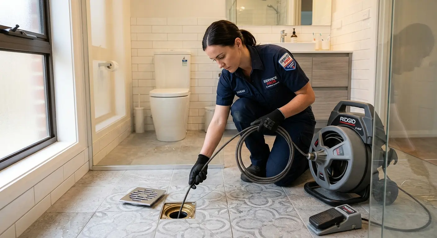 Technician clearing a bathroom floor drain for Drain Repair in Spotswood